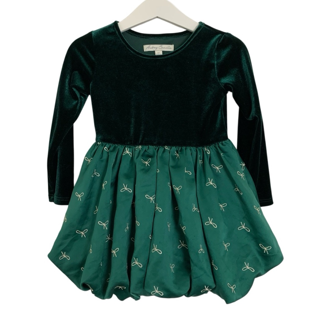 Audrey Camille Green Velvet Bubble Hem Toddler Dress Size 2T toddler Bows